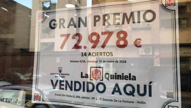 Un boleto de 14 aciertos de la Quiniela deja en Hellín 72.978 euros