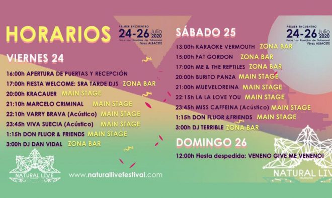 <strong>HORARIOS OFICIALES NATURAL LIVE / 24, 25 Y 26 JULIO_2020</strong>